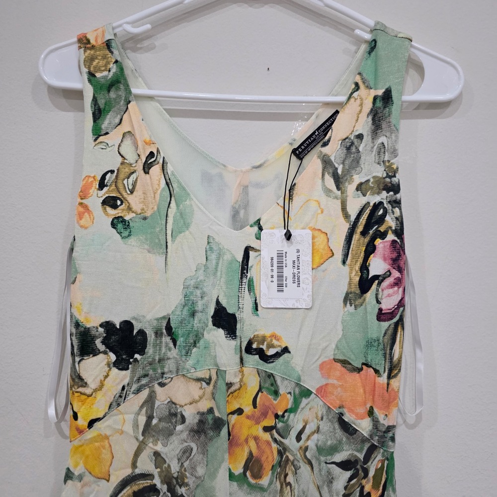 Peruvian Connection Tahitian Flowers Maxi Dress Floral V-Neck Mesh Green Small - Picture 3 of 7